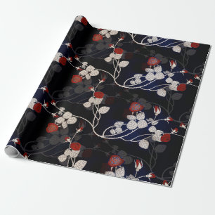 Elegant Red Rose Flower Pattern Black Wrapping Paper