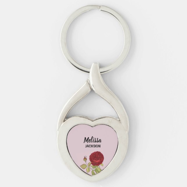 Elegant red rose flower pink key ring (Front)