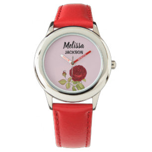 Elegant red rose flower pink watch