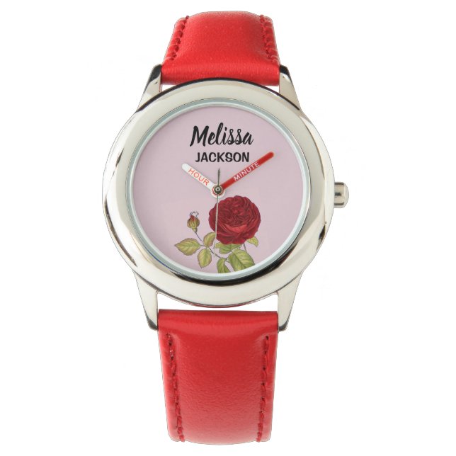 Elegant red rose flower pink watch (Front)