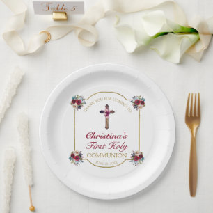 Elegant Red Rose Gold Cross 1st Holy Communion  Paper Plate