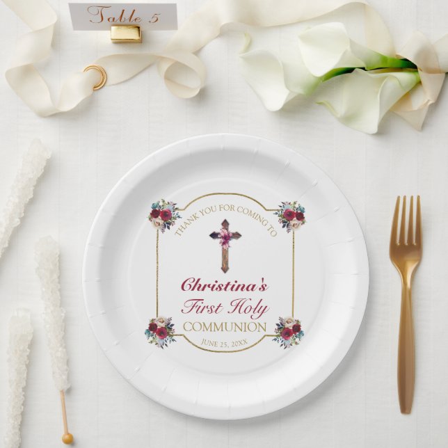 Elegant Red Rose Gold Cross 1st Holy Communion  Paper Plate (Wedding)