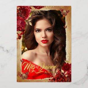 Elegant Red Rose Gold Floral Photo Quinceanera