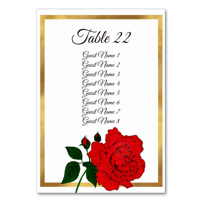 Elegant Red Rose Gold Frame Wedding Seating Card (Front)
