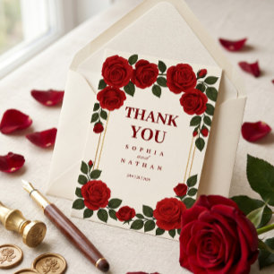 Elegant Red Rose & Gold Frame Wedding Thank You Card