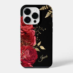 Elegant Red Rose Gold Leaf iPhone 14 Pro Case
