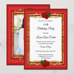 Elegant red Rose Gold photo Birthday Party Invitation