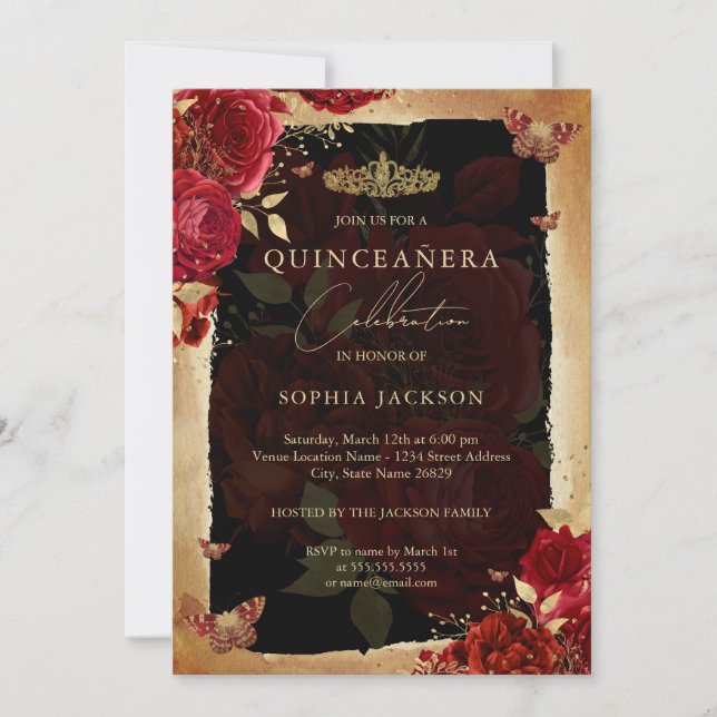 Elegant Red Rose Gold Quinceanera Invitation (Front)