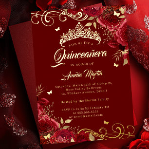 Elegant Red Rose Gold Swirl Quinceanera