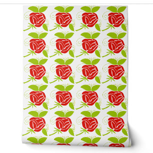 Elegant Red Rose & Green Leaf Pattern Wallpaper
