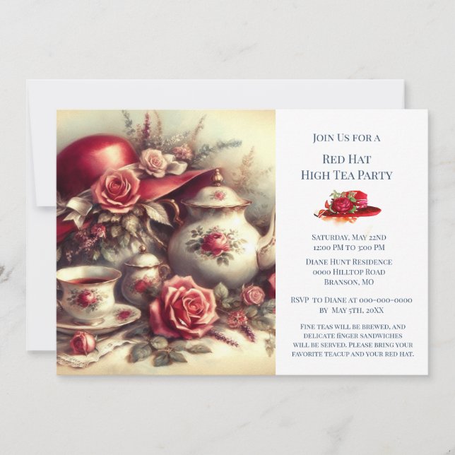 Elegant Red Rose Hat Theme Tea Party  Invitation (Front)