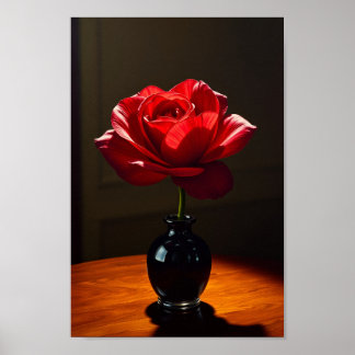 Elegant Red Rose in Black Vase Art Poster