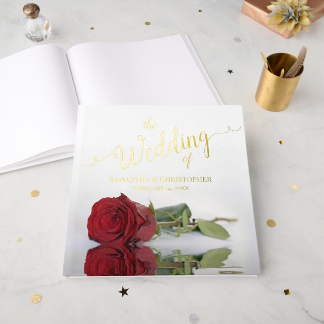 Elegant Red Rose Large Wedding Foil Guest Book (Front Open)