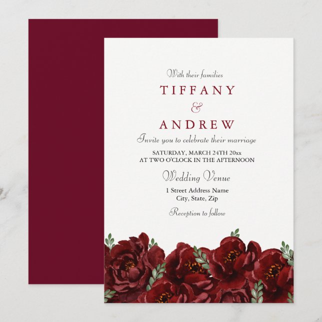 Elegant Red Rose Leaf Modern Wedding Invite (Front/Back)