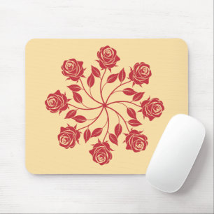 Elegant Red Rose Mandala Circular Floral Design Mouse Mat