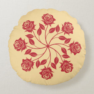 Elegant Red Rose Mandala Circular Floral Design Round Cushion