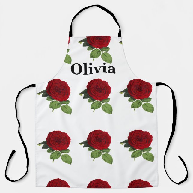 Elegant Red Rose Name Personalised Apron (Front)
