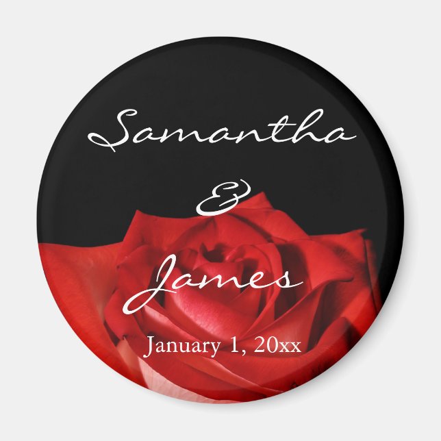 Elegant Red Rose on Black Personalised Wedding Magnet (Front)
