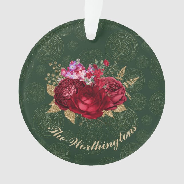 Elegant Red Rose on Green Velvet Christmas Ornament (Front)
