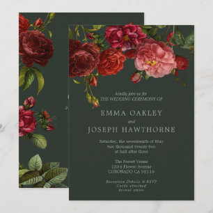 Elegant red rose on green vintage classic Wedding Invitation