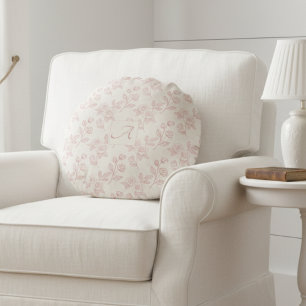 Elegant Red Rose Paper Chintz Monogram Round Cushion