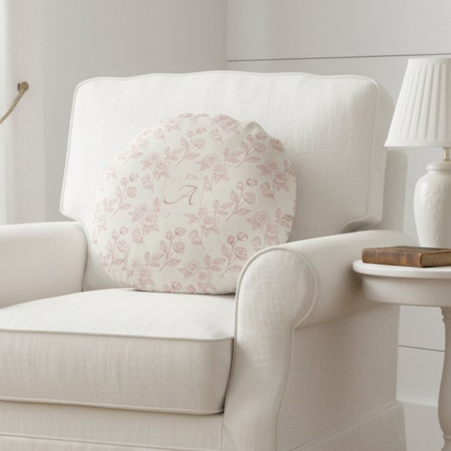 Elegant Red Rose Paper Chintz Monogram  Round Cushion (Creator Uploaded)