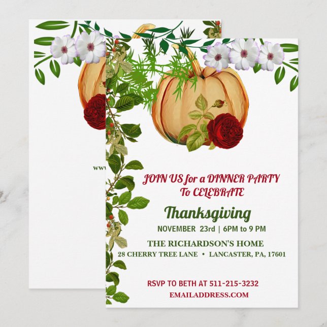 Elegant Red Rose Pumpkin Thanksgiving Dinner Invitation (Front/Back)