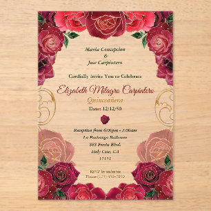 Elegant Red Rose Quinceañera Modern Floral 15 Años Acrylic Invitations