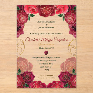 Elegant Red Rose Quinceañera Modern Floral 15 Años Acrylic Invitations