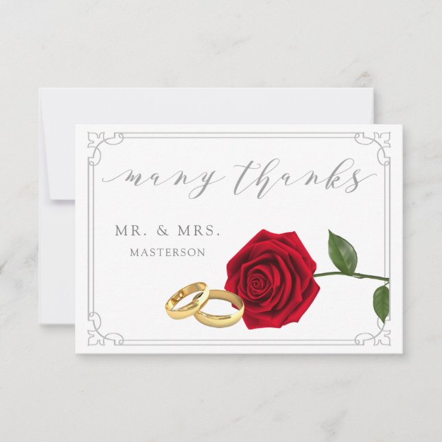 Elegant Red Rose Rings Wedding Thank You Card (Front)