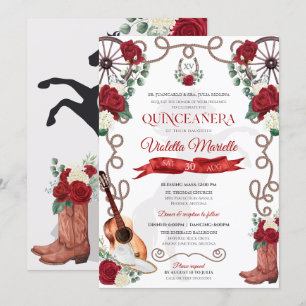 Elegant Red Rose Rustic Mariachi Charra Quinceanos Invitation