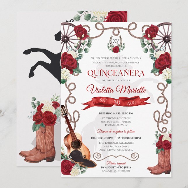 Elegant Red Rose Rustic Mariachi Charra Quinceanos Invitation (Front/Back)