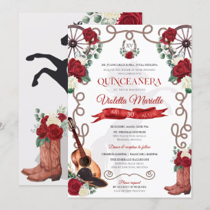 Elegant Red Rose Rustic Mariachi Charra Quinceanos Invitation
