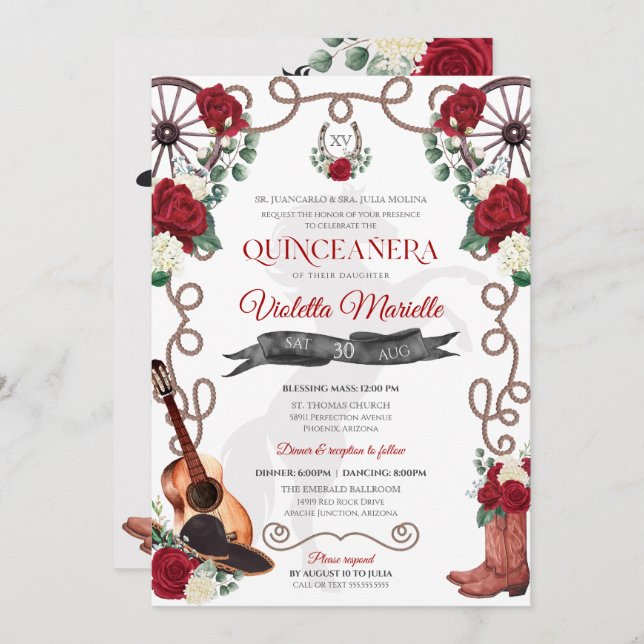 Elegant Red Rose Rustic Mariachi Charro Quinceanos Invitation (Front/Back)