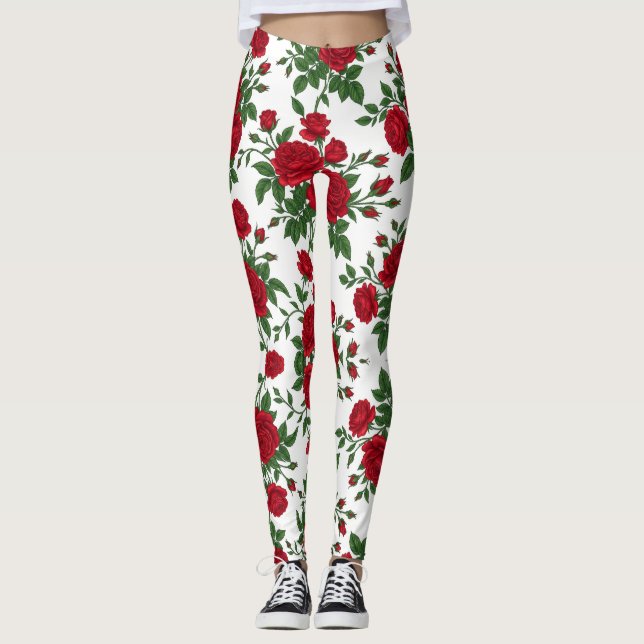 Elegant Red Rose Seamless Floral Pattern Leggings (Front)