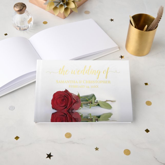 Elegant Red Rose Small Wedding Foil Guest Book (Front Open)
