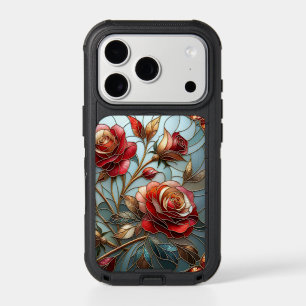 Elegant Red Rose Stained Glass Floral Gold Accent 