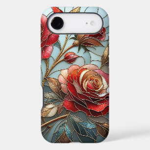 Elegant Red Rose Stained Glass Floral Gold Accent 