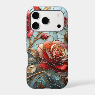 Elegant Red Rose Stained Glass Floral Gold Accent 
