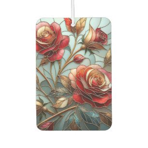 Elegant Red Rose Stained Glass Floral Gold Accent Car Air Freshener