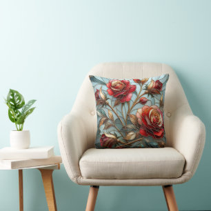 Elegant Red Rose Stained Glass Floral Gold Accent Cushion