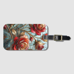 Elegant Red Rose Stained Glass Floral Gold Accent  Luggage Tag