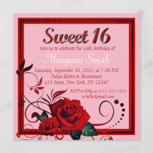 Elegant Red Rose sweet 16 birthday Invite