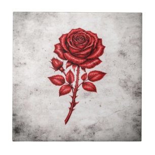 Elegant Red Rose Vintage Botanical Ceramic Tile