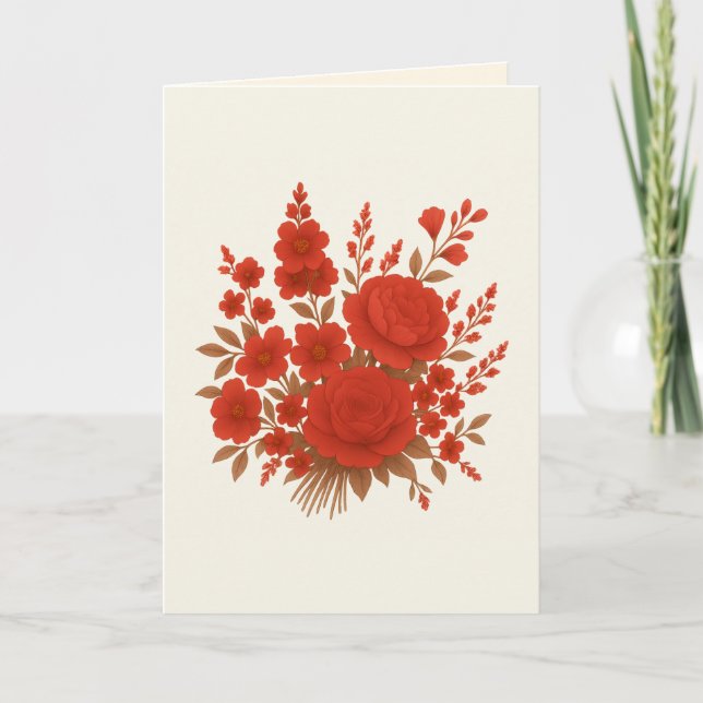 Elegant Red Rose Wedding Card | Ivory, Gold Floral (Front)