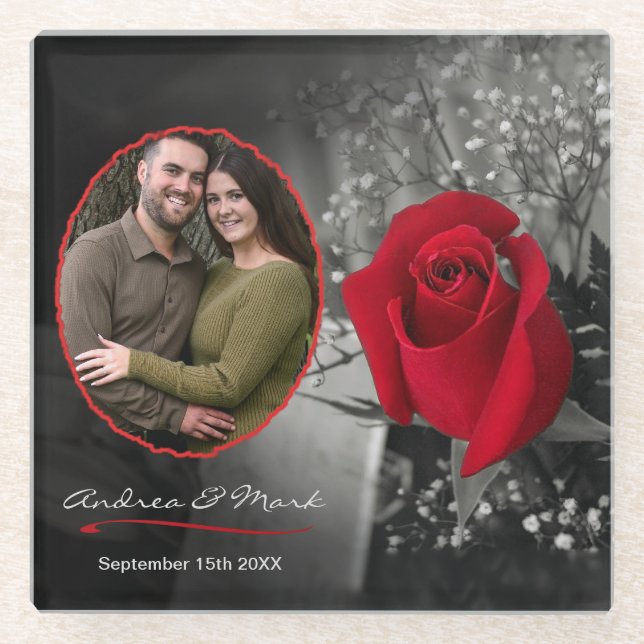 Elegant Red Rose Wedding Portrait Vignette Glass Coaster (Front)