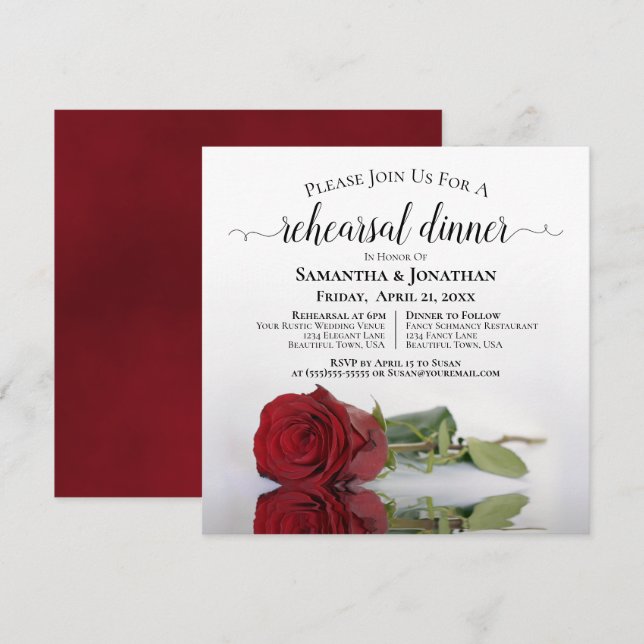 Elegant Red Rose Wedding Rehearsal & Dinner Invitation (Front/Back)