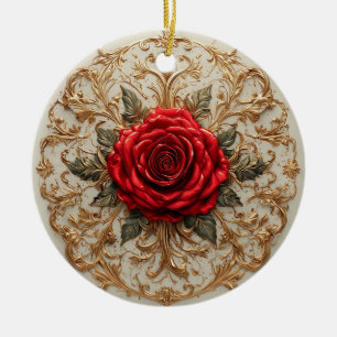Elegant Red Rose With Ornate Gold Floral Ceramic Tree Decoration