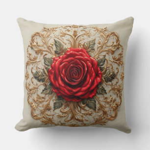 Elegant Red Rose With Ornate Gold Floral Cushion