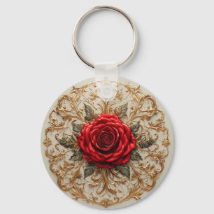 Elegant Red Rose With Ornate Gold Floral Key Ring